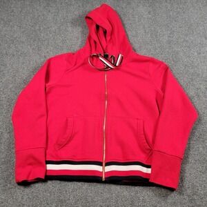 Tommy Hilfiger Hoodie Womens Large Red Full Zip Sweatshirt Stripe Hem Logo